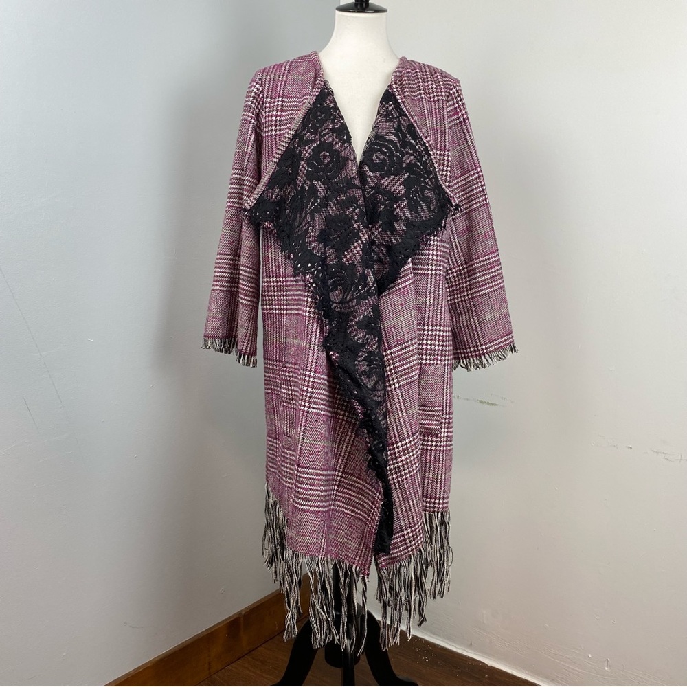 44. NWT Muche Et Muchette  Plaid Lace & Wool Open Cardigan with Fringe One Size